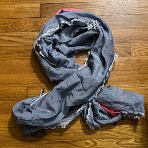 NWOT Bloom & Give Frayed Denim Scarf with Pink and Blue Stripes